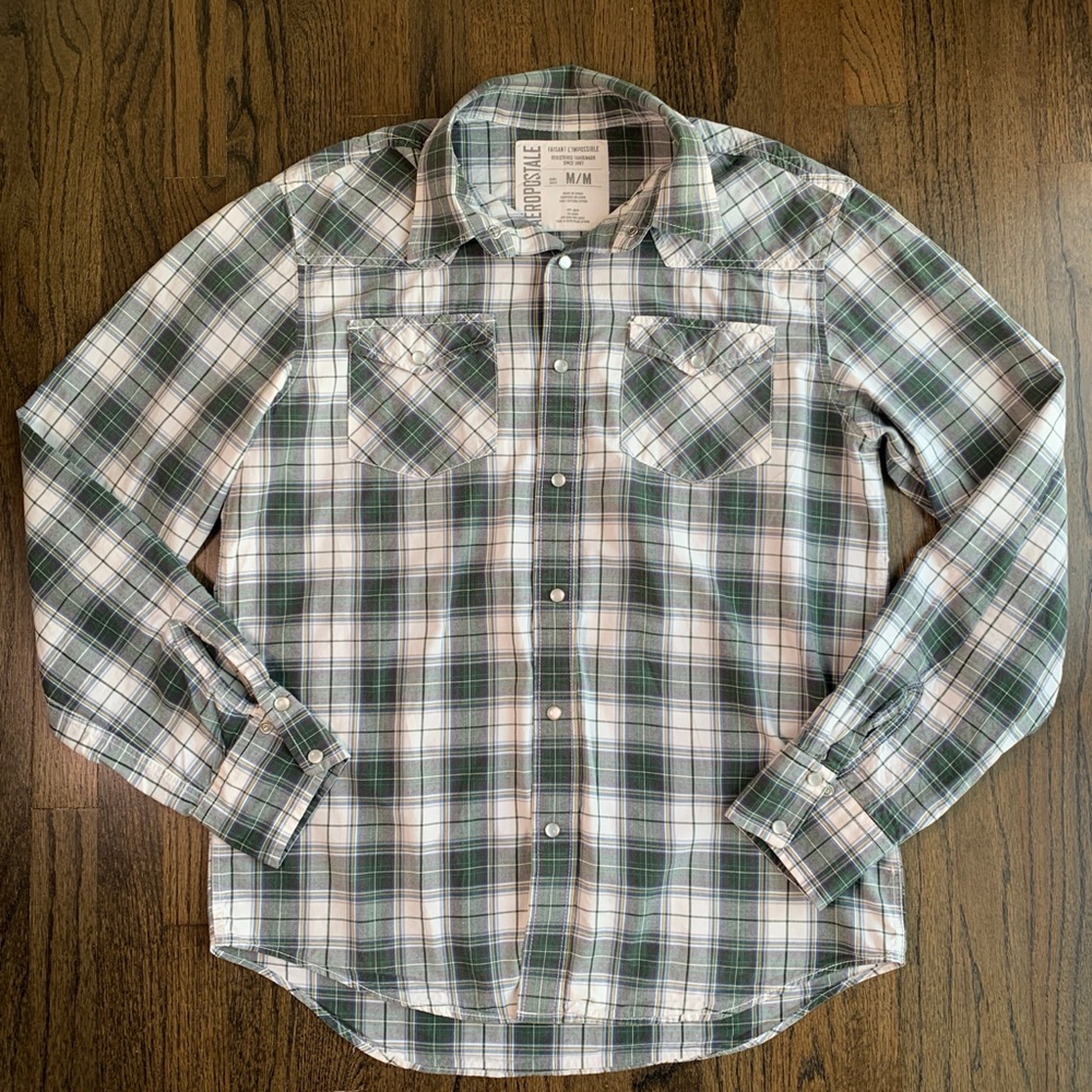 Aeropostale Men Y2K Era Green Plaid Long Sleeve Western Pearl Snap 100% Cotton M